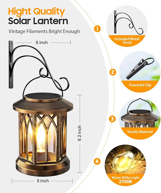 Solar Lantern Outdoor Lights with Metal Hooks, 6 Pack Upgraded Solar Lanterns Outdoor Waterproof, Hanging Solar Lights for Outside Decorative Yard Patio Path Porch Garden Decor(Antique Copper)