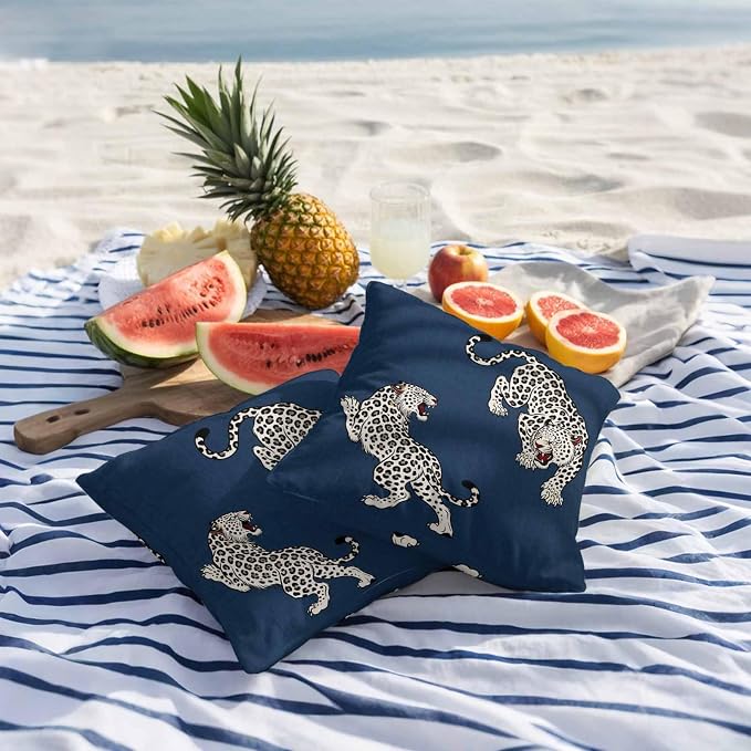 Vandarllin Outdoor Throw Pillows Covers 26x26 inch Set of 2 Waterproof Blue Leopard Decorative Zippered Cushion Covers for Patio Furniture, Bohemian Animal Print Lumbar Pillowcases