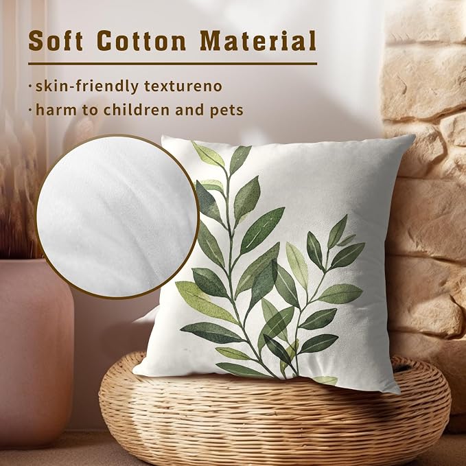 Sage Green Leaf Pillow Covers Set of 2, 20x20 Inch Rustic Spring Summer Plants Leaves Print Square Pillowcases for Living Room Bedroom Sofa Couch Patio Outdoor Home Decor