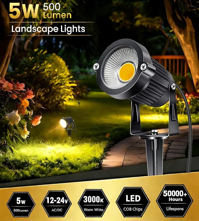 Low Voltage Landscape Lighting with Connectors Spotlights Outdoor Landscape Lights LED Garden Spot Lights 5W 500LM 12V 24V IP66 Waterproof for Garden Pathway Yard Walls Trees Flags(4 Pack)