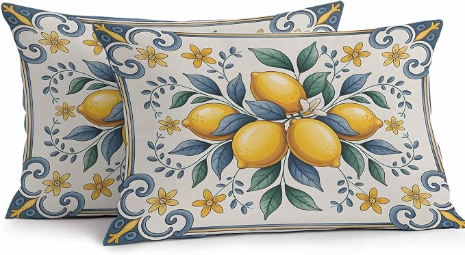 Lumbar Pillow Covers 20x12 Inch Set of 2, Yellow Blue Lemon Waterproof Outdoor Cushion Covers, Summer Botanical Watercolor Decorative Pillowcases for Couch, Sofa, Bed, Garden, Patio