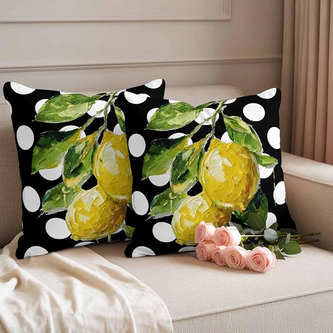 Waterproof Pillow Covers Set of 2,Farmhouse Yellow Lemon Green Leaf Outdoor Pillow Protectors with Zipper Pillowcases for Patio Tent Garden Beach 24x24 Inches Black White Polka Dot