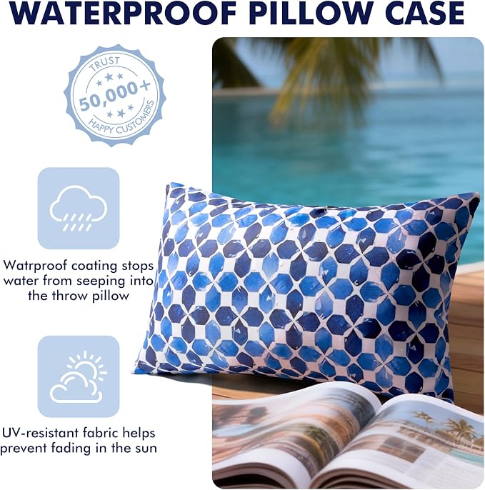12x20 Waterproof Outdoor Pillows, Set of 2 Outdoor Lumbar Pillows | Patio Furniture Pillows, Decorative Throw Pillows, Waterproof & Fade Resistant, Removable & Washable, Blue White with Plaid