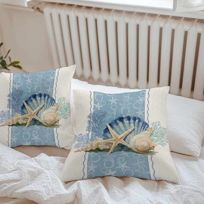 Coastal Oceans Waterproof Outdoor Pillow Covers Set of 2 Home Decor, Summer Beach Corals Shells Starfish Cotton Linen Pillowcase Patio Pillow Covers for Couch Bench Furniture Garden 24x24in