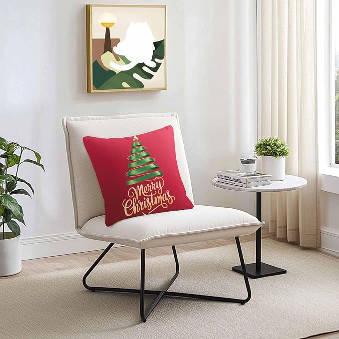 Red Christmas Tree Outdoor Pillow Covers 24 x 24 Inches, Green Xmas Tree with Star Waterproof Throw Pillow Cover Set of 2, Christmas Red Decorative Square Cushion Covers for Patio/Couch/Garden