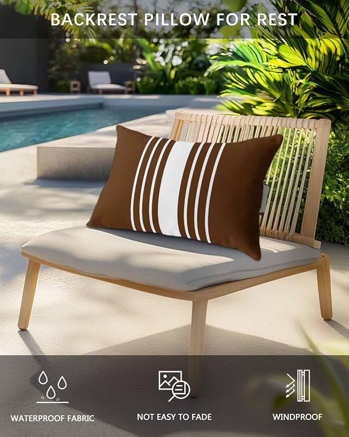 Pack of 4 Outdoor Lumbar Pillow Covers 12x20 Inch, Brown White Stripe Waterproof Throw Pillow Covers Set, Modern Rustic Vertical Striped Indoor&Outdoor Decorative Cushion Cases for Patio Porch Beach