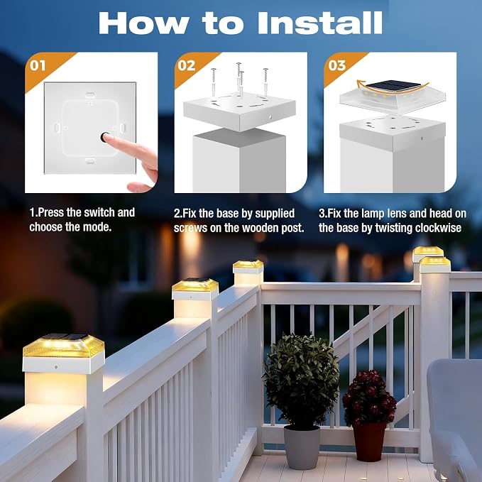 4x4 Solar Post Cap Lights Outdoor 16 Pack, 3 Color Modes/Dusk to Dawn/IP65 Waterproof, Fits 4x4 Vinyl/PVC Wood Posts Top, White LED Fence Topper Light for Deck, Backyard