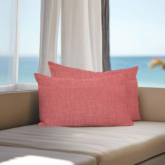Vandarllin Outdoor Throw Pillows Covers 20x12 inch Set of 2 Waterproof Coral Red Linen Decorative Zippered Cushion Covers for Patio Furniture, Farmhouse Pure Color Lumbar Pillowcases