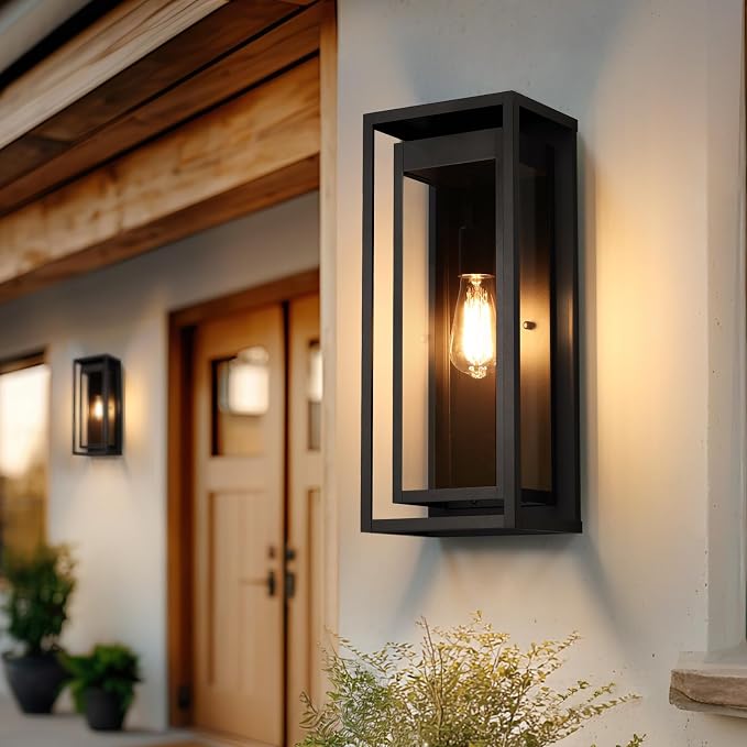 19" Outdoor Wall Lights, 2 Pack Large Size Matte Black Outdoor Sconce Lights with Clear Glass Shade, Waterproof Porch Lighting Exterior Light Fixture for Front Door, Garage
