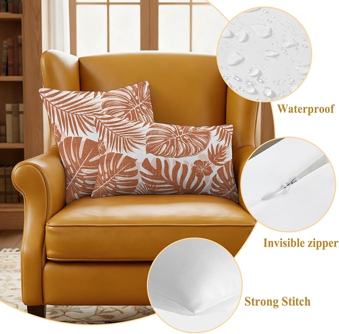 Burnt Orange Palm Leaves Outdoor Pillow Covers 20"x12" Set of 2, Tropical Botanical Minimalist Modern Waterproof Throw Pillow Covers for Patio Furniture, Decorative Cushion Covers for Porch