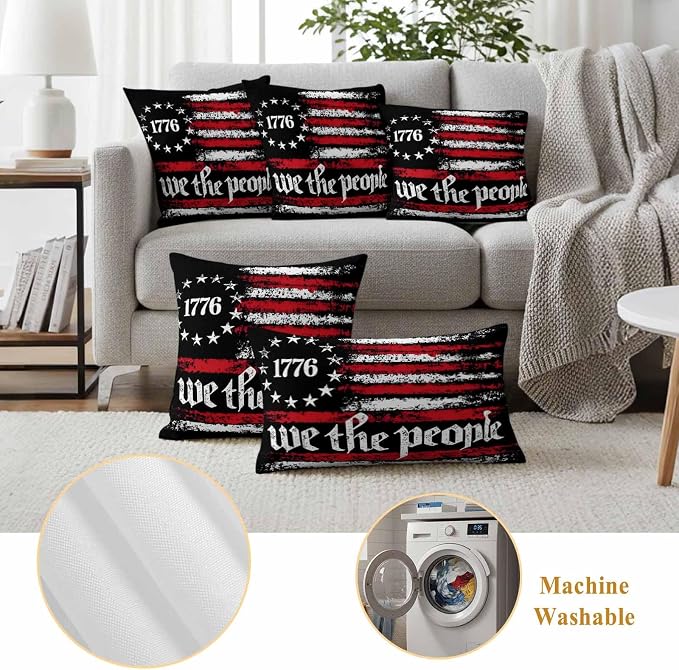 We The People Outdoor Pillow Covers 20"x12" Set of 2, Independence Day Distressed Red White Flag Waterproof Throw Pillow Covers for Patio Furniture, Decorative Cushion Covers for Porch