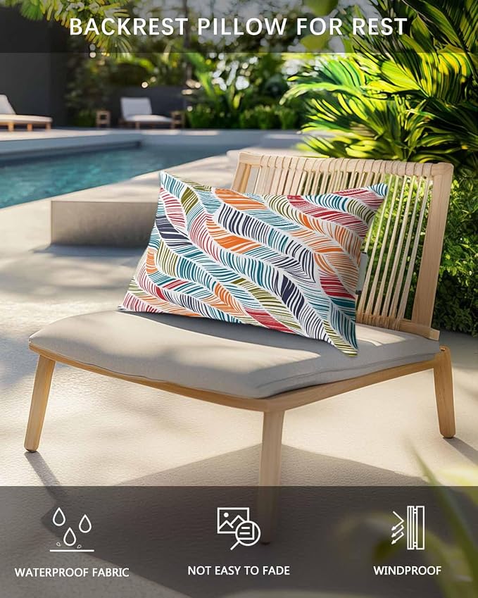 Abstract Stripes Outdoor Pillows with Insert 11x16 Inch Red Orange Blue Gradient Wavy Lines Leaf Waterproof Headrest Pillows with Adjustable Strap Lounger Chair Throw for Patio Furnitures , 1 Pack