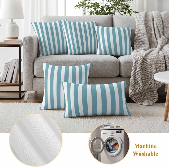 Aqua Striped Outdoor Waterproof Throw Pillow Covers 20x12 Set of 2, Modern Farmhouse Blue White Stripes Decorative Pillowcases Cushion Pillowcase for Couch Sofa Patio Outside Pillow Protector