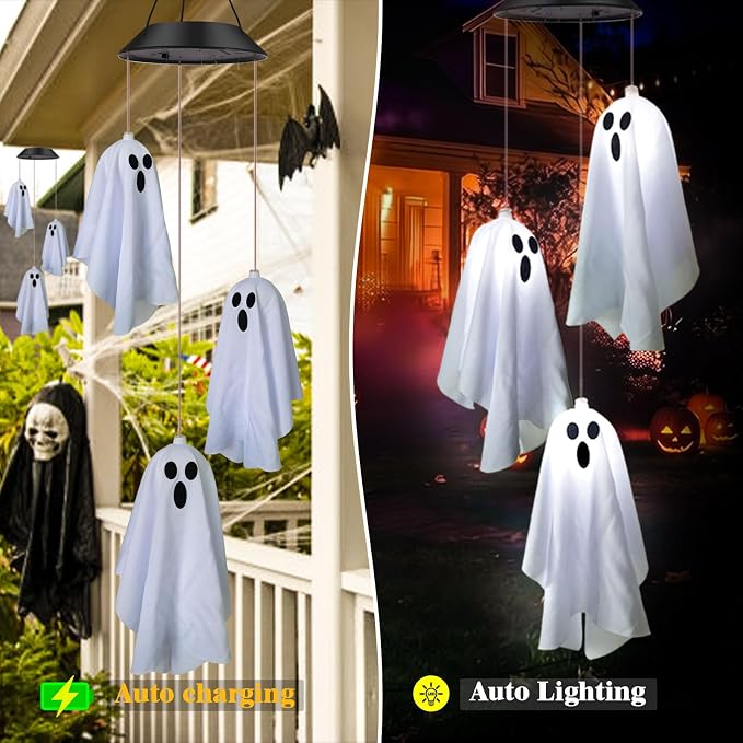 2Pack Hanging Ghost Swing Solar Lights for Halloween Decorations | 6Pc Spooky White Ghosts with ON/FLASH Lighting Mode, Cute Light Up Ghost Kit for Garden Yard Tree Front Porch Halloween Decor