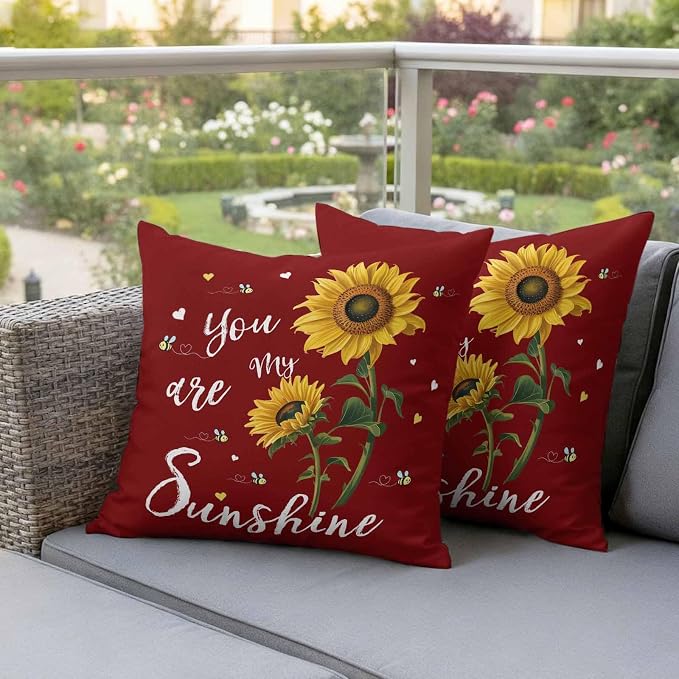 You Are My Sunshine Outdoor Pillow Covers Set of 2 Vintage Country Yellow Sunflower Floral Bees Heart Red Waterproof Throw Pillow Cover Decorative Cushion Cases for Patio Porch Garden 26X26 Inch