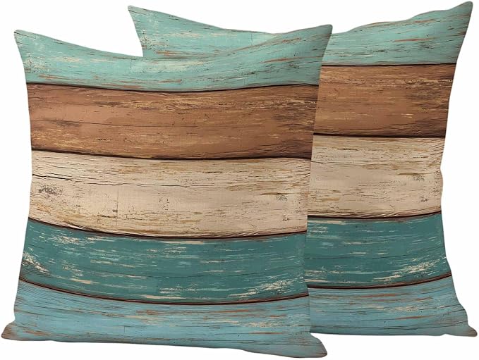 Outdoor Throw Pillows Covers 16X16 Set of 2 Waterproof Teal Turquoise Green Brown Decorative Zippered Cushion Covers for Patio Furniture, Farmhouse Retro Rustic Barn Wood Texture Lumbar Pillowcases