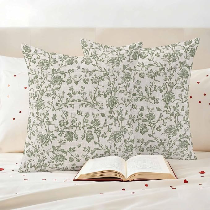 Pastoral Flowers Outdoor Pillow Covers 20"x20" Set of 2, Green Flower Vintage Linen Texture Waterproof Throw Pillow Covers for Patio Furniture, Decorative Cushion Covers for Porch