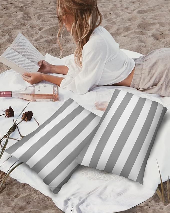 Outdoor Pillows 20x12 Waterproof Outdoor Pillow Covers Gray White Stripes Polyester Throw Pillow Covers Garden Cushion Decorative Case for Patio Couch Decoration Set of 2 Geometric