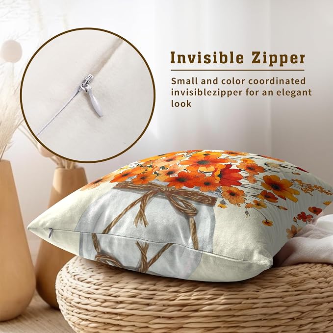 Watercolor Floral Throw Pillow Covers 20 x 20 Inches Set of 2 - Orange Flower Autumn Season Accent Square Cotton Linen Pillowcase for Sofa Home Decor Bedroom Living Room