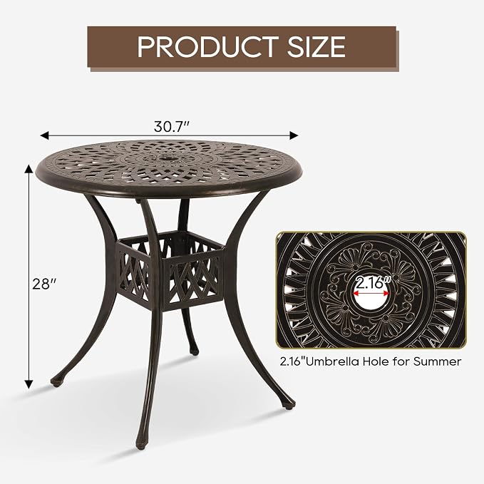 Patio Dining Table,Cast Aluminum Patio Table with Umbrella Hole, Outdoor Bistro Table for Backyard, Garden, Patio