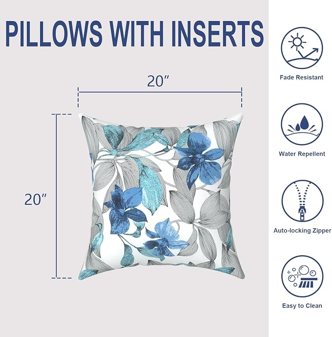 Outdoor Throw Pillows with Inners 20x20 Inch, Square Pillows Decorative for Home Garden Furniture Set of 2, Clemens Blue