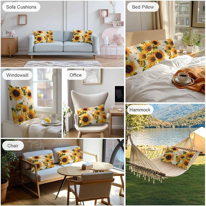 Lumbar Pillow Covers 20x12 Inch Set of 2, Yellow Sunflowers Waterproof Outdoor Cushion Covers, Country Vintage Botanical Floral Decorative Pillowcases for Couch, Sofa, Bed, Garden, Patio
