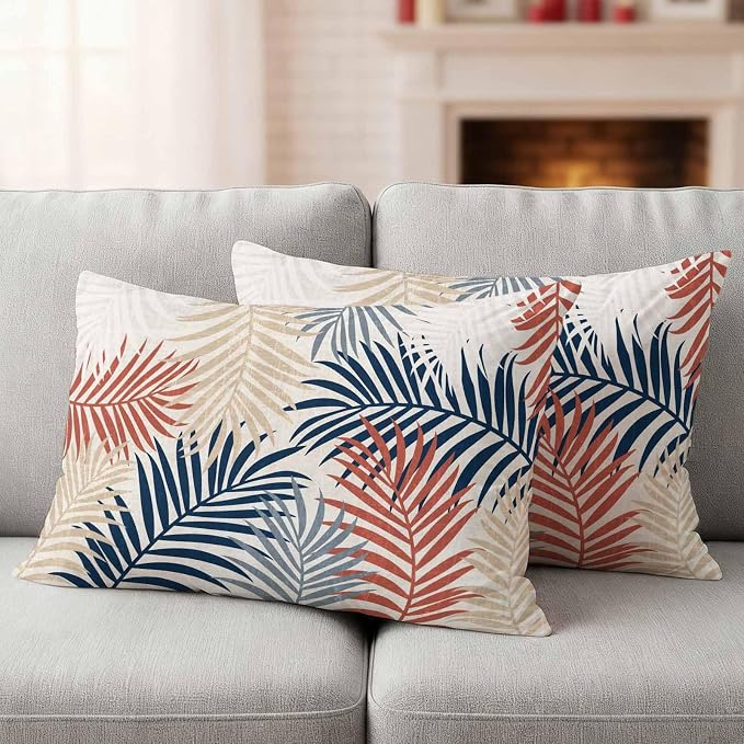 Outdoor Waterproof Throw Pillow Covers, Red Blue Yellow Palm Leaves Decorative Pillow Cases, Summer Botanical Tropical Leaf Couch Pillow Protector Patio Sofa Cushion Covers Replacement 20"x12" 2 Pack