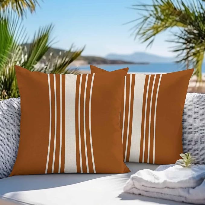 Throw Pillow Covers 16x16 Inch Set of 2, Burnt Orange Beige Striped Waterproof Outdoor Cushion Covers, Modern Farmhouse Retro Lines Decorative Pillowcases for Couch, Sofa, Bed, Garden, Patio