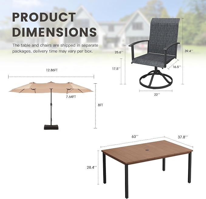 7 Pieces Patio Dining Set with Patio Umbrella, Outdoor Furniture of 63" Rectangular Patio Table and Patio Swivel Chairs for Backyard Lawn Garden, Walnut Table and Black Chairs