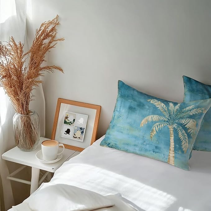 Coastal Beach Tree Teal Blue Outdoor Waterproof Pillow Covers, Vintage Summer Palm Tropical Botanical Decorative Rectangle Throw Pillowcase Sofa Cushion Sham for Patio/Couch/Chair, 20"x12" 2 Pack