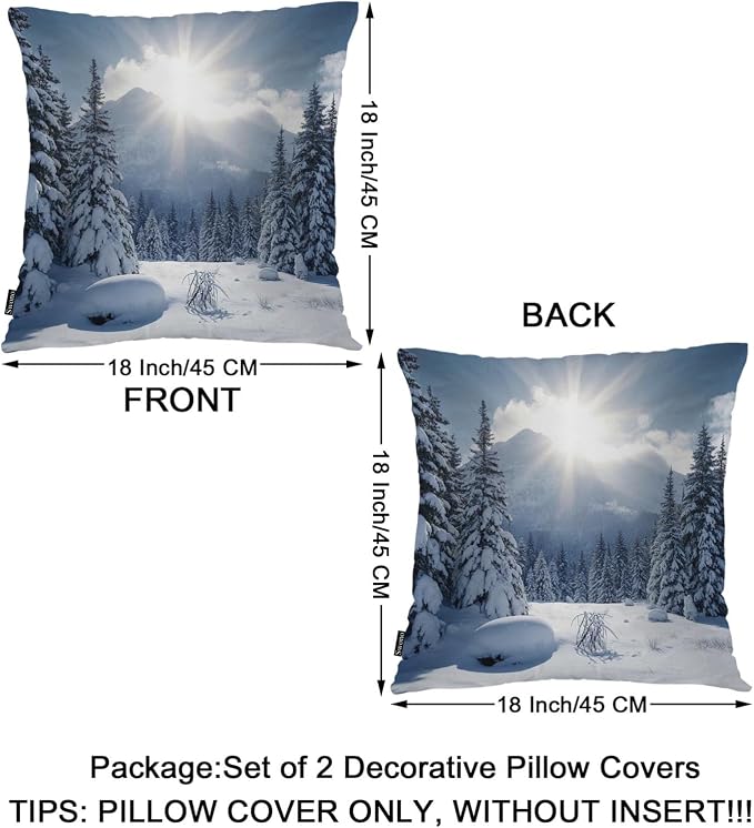 Swono Winter Landscape Throw Pillow Cases, Nature Snowy Mountain Fir Trees Sunshine Set of 2 Decorative Throw Pillow Cover, Square Pillow Cushion Case Home Decor for Sofa Couch Bed Car 18x18 Inches