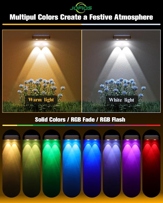 JOFIOS Solar Fence Lights 12 Pack Brown, 50 Lumens Outdoor Fence Lights Solar Powered with 12 Modes RGB Color Glow LED Deck Lighting Outdoor Waterproof IP65, Backyard, Deck, Porch, Railing, Pool, Wall