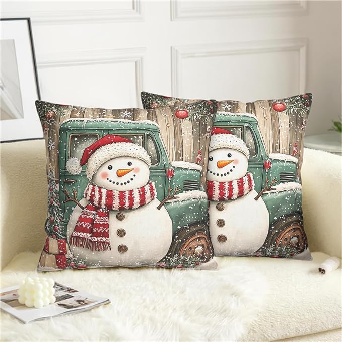 Christmas Snowman Pillow Covers 18x18 Set of 2 Green Xmas Truck Throw Pillow Covers Wooden Pattern Background Pillowcase Winter Holiday Cushion Case for Living Room Sofa Couch