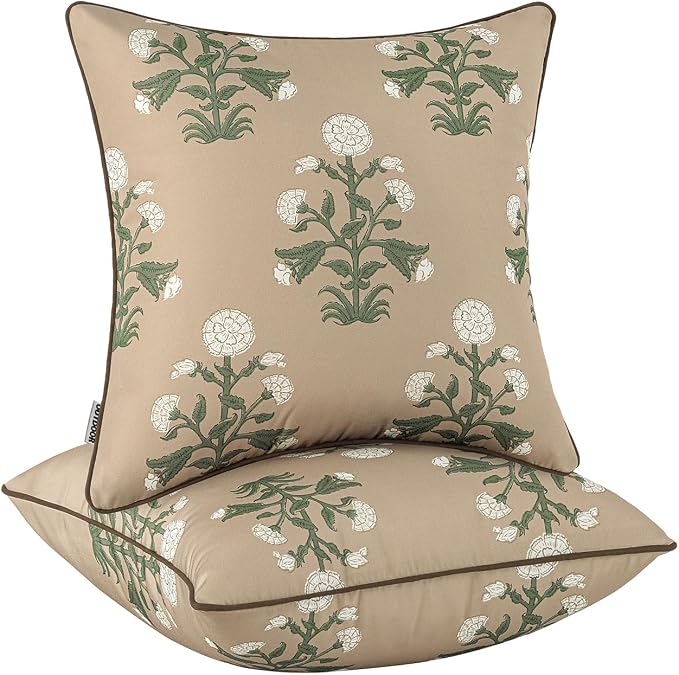 MIULEE Floral Outdoor Pillows Covers with Inserts 18x18 Brown | Set of 2 Waterproof Decorative Throw Pillows with Piping,Vintage Fade Resistant, Patio Furniture Summer Garden Couch Sofa