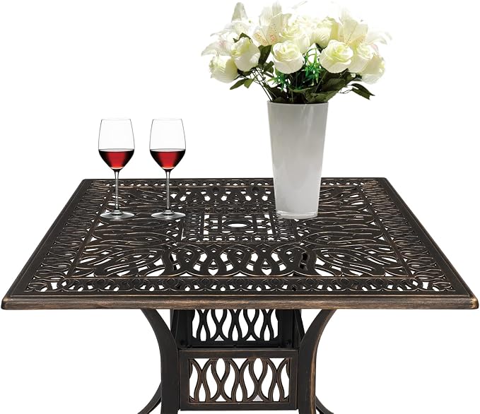 VINGLI 5 Pieces Outdoor Patio Dining Set, Cast Aluminium Patio Furniture Set with 4 Chairs and 1 Umbrella Table for Yard, Garden, Porch and Poolside, Bronze (Square Table)