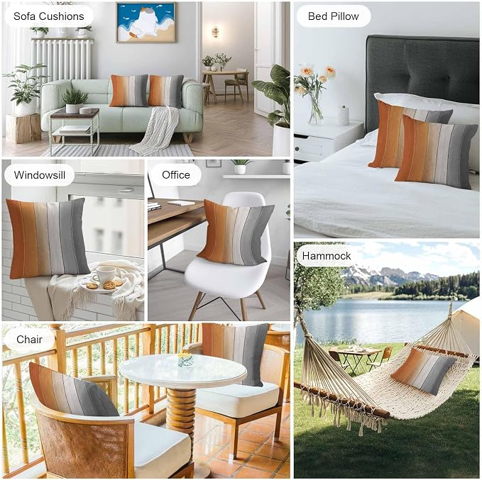 Throw Pillow Covers 18x18 Inch Set of 2, Burnt Orange Gray Ombre Waterproof Outdoor Cushion Covers, Vintage Farmhouse Wooden Decorative Pillowcases for Couch, Sofa, Bed, Garden, Patio