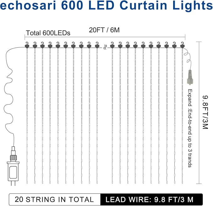 echosari 20Ft x 10Ft Large Curtain Lights Plug in, 600 LED Dual Color Changing Outdoor Curtain Lights Waterproof Connectable with Remote for Wedding Backdrop Yard Decor (Cool White & Multicolor) | 600 LED Dual Color Changing Outdoor Curtain Lights Wate...