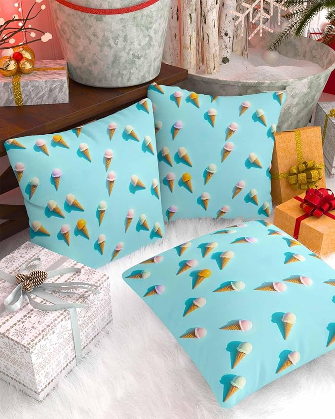 Outdoor Pillow Covers 26 x 26 Inches, Blue Ice Cream Waterproof Throw Pillow Cover Set of 2, Summer Colorful Ice Cream Home Decorative Square Cushion Covers for Patio/Tent/Couch/Garden