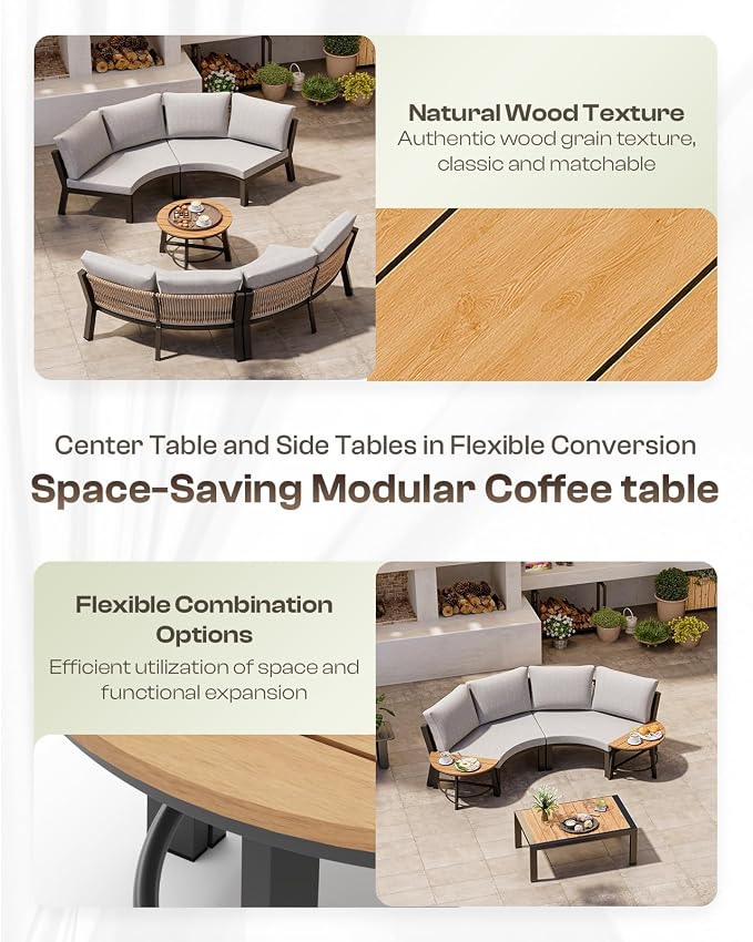 Outdoor Patio Furniture Set, 4 Piece Half Moon Aluminum Patio Conversation Sets Curved Sofa with PE Rope, All-Weather Sectional Furniture Set with Modular Coffee Table & Cushions, Gray