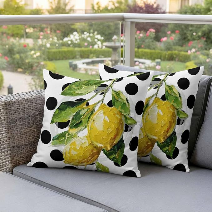 Waterproof Pillow Covers Set of 2,Summer Lemon Polka Dot Outdoor Pillow Protectors with Zipper Pillowcases for Patio Tent Garden Beach 16x16 Inches Country Fruit Oil Painting Style