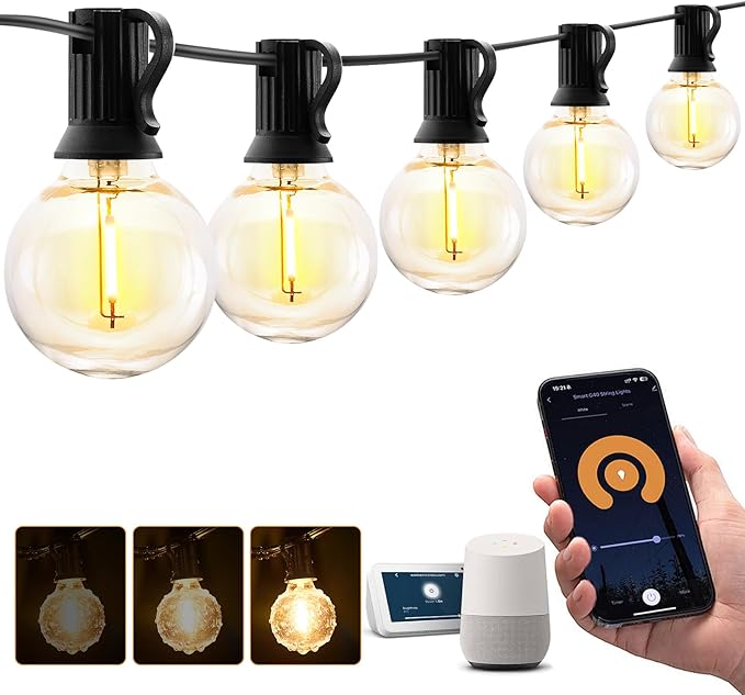 XMCOSY+ Outdoor String Lights, Smart Patio Lights 100Ft Dimmable Outdoor Lights Warm White, 50 G40 LED Bulbs, WiFi String Lights for Outside, Work with Alexa, APP Control, Waterproof Extendable | Warm white dimmable globe bulbs, WiFi & APP control, wor...