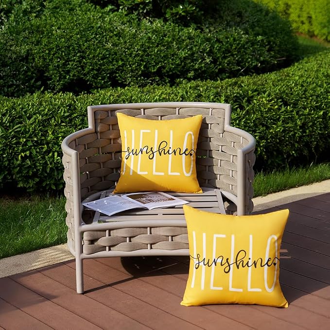 DFXSZ Yellow Outdoor Waterproof Pillow Covers 24x24 Set of 2 | Hello Sunshine Decor Spring Summer Polyester Pillow Covers(NO INSERTS)| Decor for Patio Funiture Garden Sofa Couch