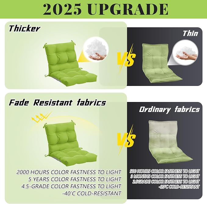 Marsui 4 Pcs Outdoor Indoor High Back Chair Cushions Patio Furniture Tufted Pillow with Ties Water-Resistant Replacement Outdoor Rocking Chair Cushions, 42 x 21 Inches (Fruit Green,Solid Color)