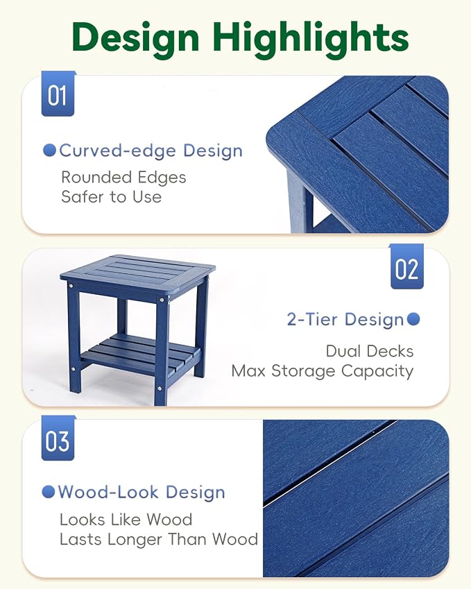 Kibaso-Adirondack Outdoor Side Table, 2-Tier HDPE Outdoor End Table, Weather Resistant Easy Maintenance, Small Patio Side Table for Patio, Pool, Porch, Garden, Lawn, and Living Room (2, Blue)