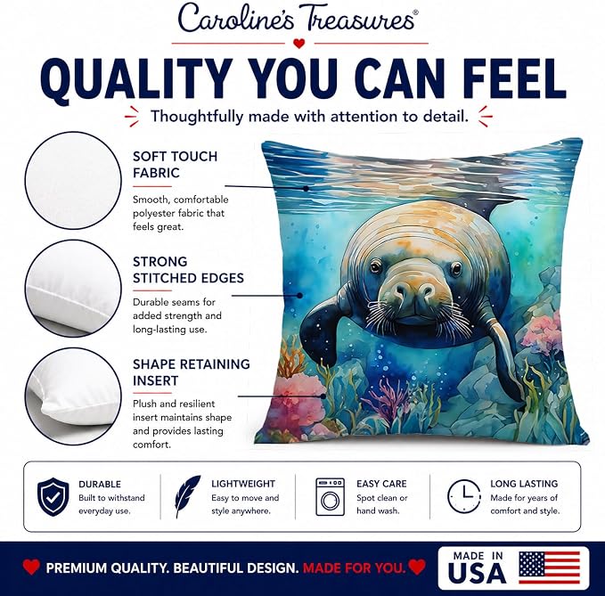 Caroline's Treasures Manatee Throw Pillow Machine Washable, Indoor Outdoor Decorative Pillow for Couch, Bed or Patio, 14Hx14W