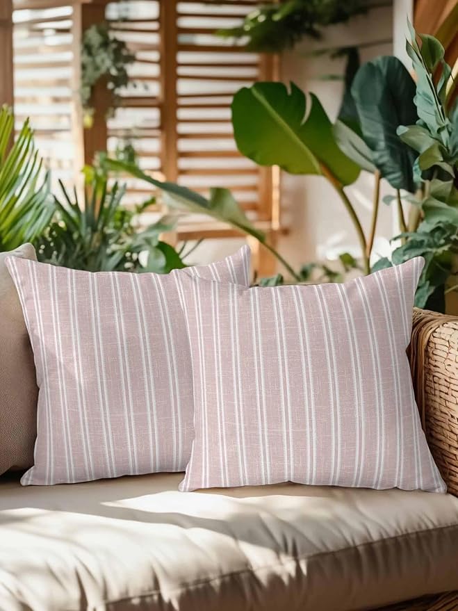 Waterproof Outdoor Pillow Set of 2 Red Linen Striped Decorative Throw Pillows Cover & Insert 18x18 Inch Pillowcase Vertical Stripes Lines Pillows for Couch Sofa Bed Patio Furniture Indoor Outdoor