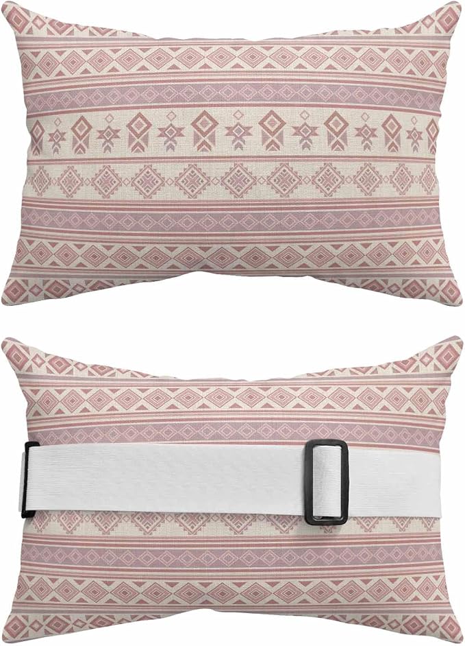 Outdoor Lumbar Pillow Set of 2, Beige Boho Striped Waterproof Beach Headrest Pillow with Inserts, Southwestern Ethnic Tribe Vintage Recliner Throw Pillows for Patio Furniture, 11 x 16