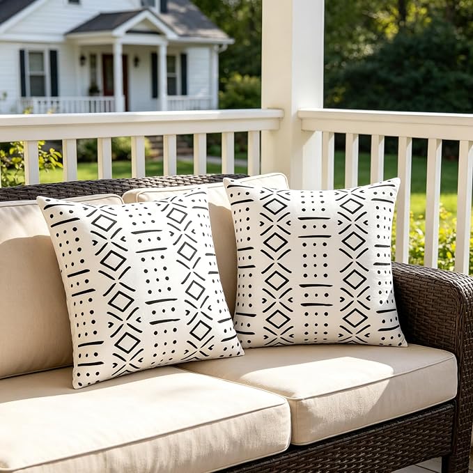 Merrycolor White Outdoor Waterproof Decorative Throw Pillow Covers Set of 2 Bohemian Geometric Pattern Cushion Covers Perfect for Farmhouse Patios and Gardens White