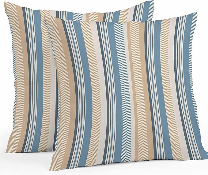 Blue Brown Beige Outdoor Pillow Covers 18x18 Inch Throw Pillow Covers Set of 2 Waterproof Decorative Pillow Cases Boho Farmhouse Abstract Stripes Art Cushion Covers for Patio Furniture Garden Couch