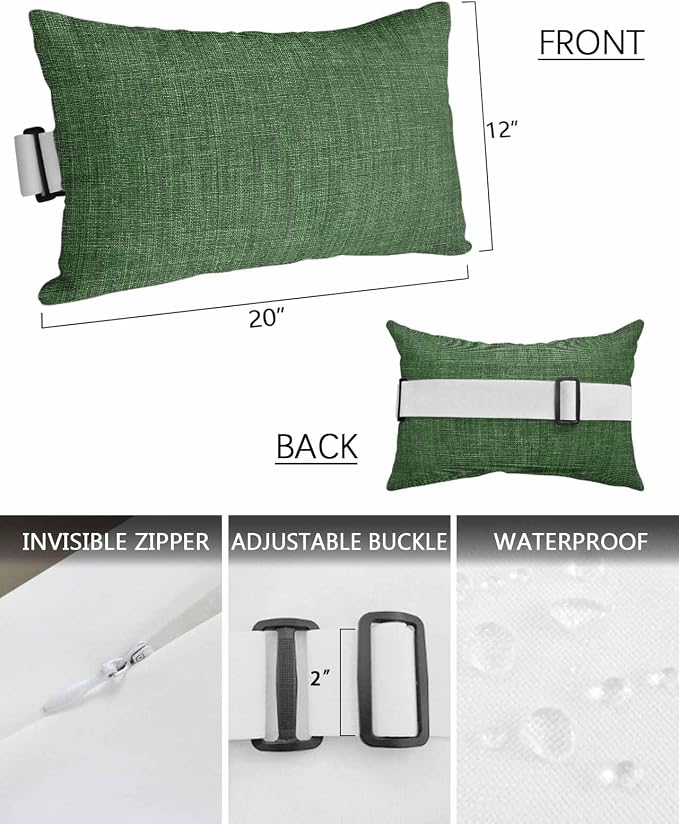 Outdoor Pillow for Chaise Lounge Chair Green Rustic Vintage Burlap Texture Outdoor Pillows Waterproof with Adjustable Strap Headrest Lumbar Pillows for Garden Patio Furniture 1 Pack 12" x 20"